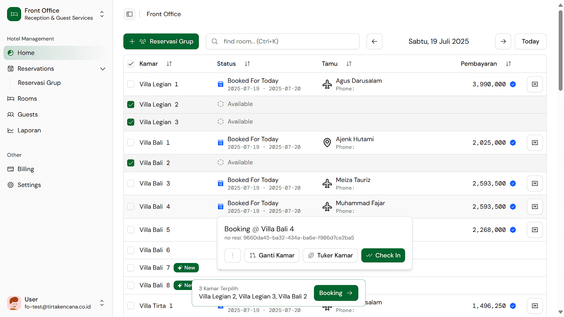 Tampilan utama Front Office dengan ringkasan status kamar dan aktivitas.