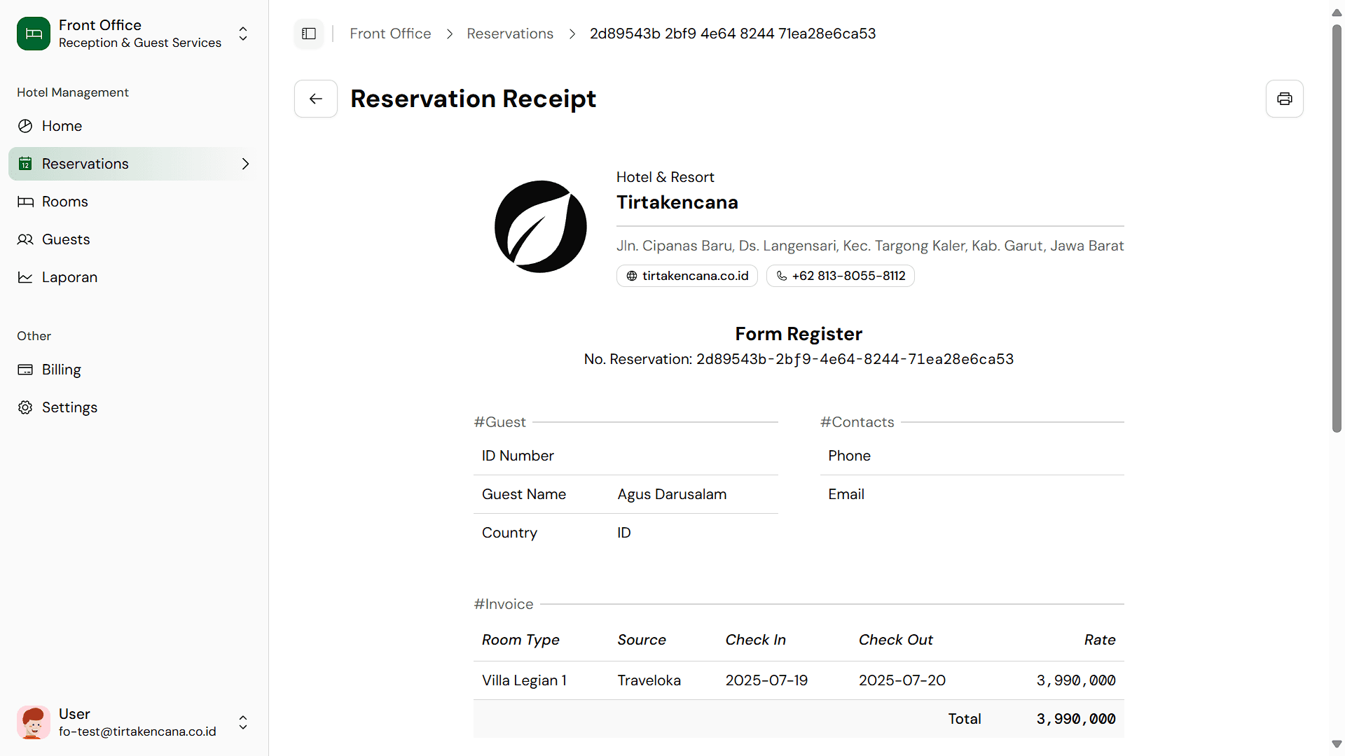 Antarmuka Billing yang terintegrasi untuk pengelolaan tagihan tamu.