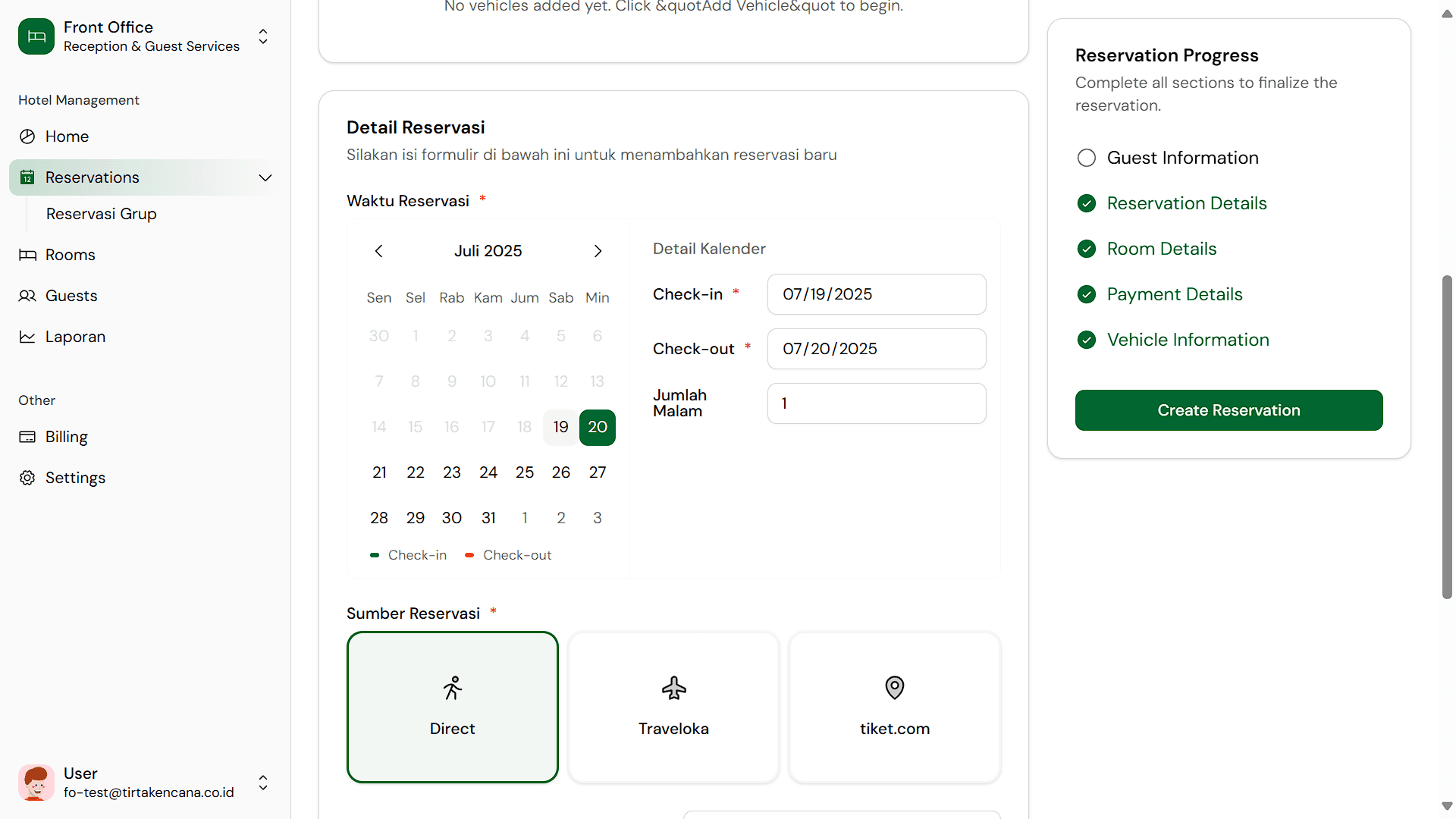 Formulir digital untuk proses check-in tamu walk-in yang cepat.
