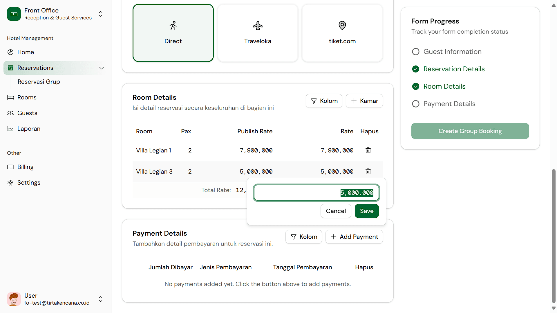 Fitur untuk menangani pemesanan beberapa kamar dalam satu transaksi.